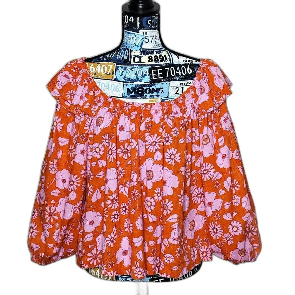 FREE PEOPLE Miss Daisy Floral Off Shoulder Top Ruffle Puff Sleeve Heat Wave Sz M